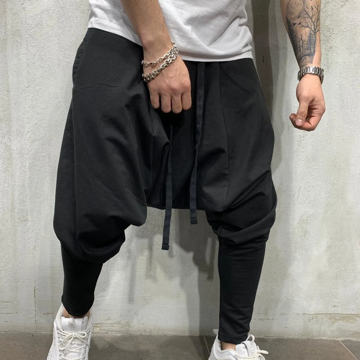 

Men's Black Dropped Crotch Harem Pants Streetwear Hip Hop Drawstring Casual Trousers Slim Fit Elastic Ankle Joggers Black