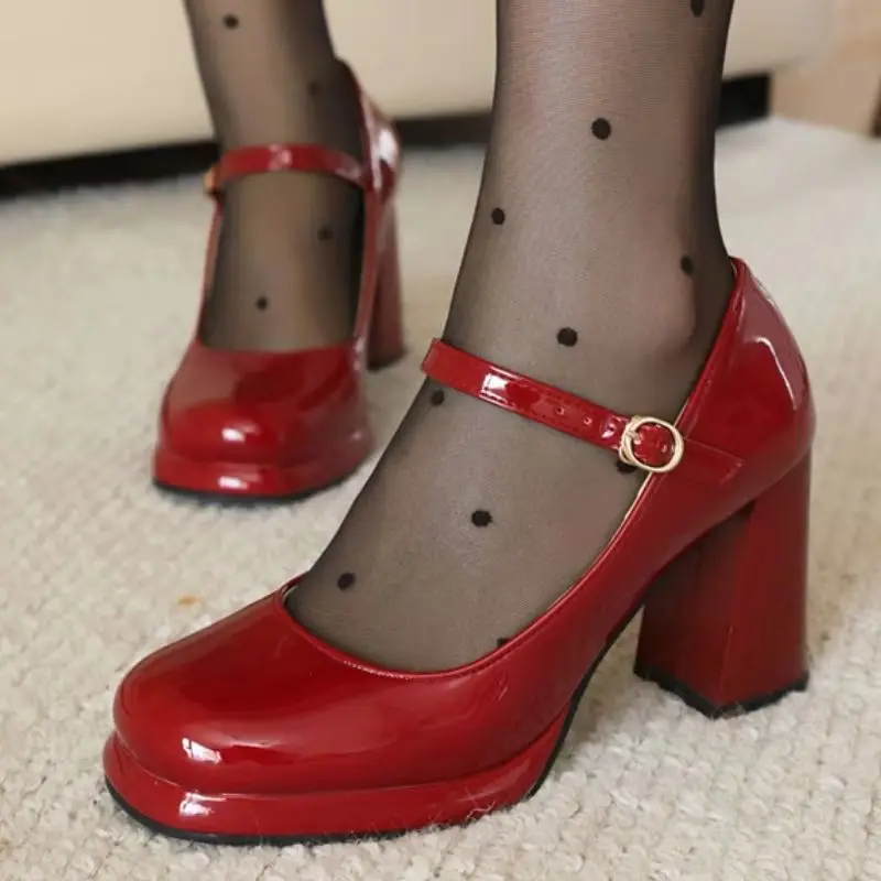 Women's Red Block High Heels Shoes Fashion Classic Spring Mary Jane Pumps Elegant Black white Heeled OL Office Footwear Shoes