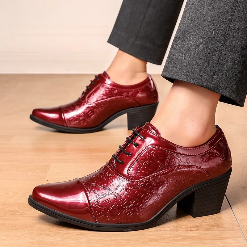 Glossy Men's High Heel Business Shoes Pointed Toe Increased Height Leather Shoes UK Wedding Shoes Fashionable Korean Version