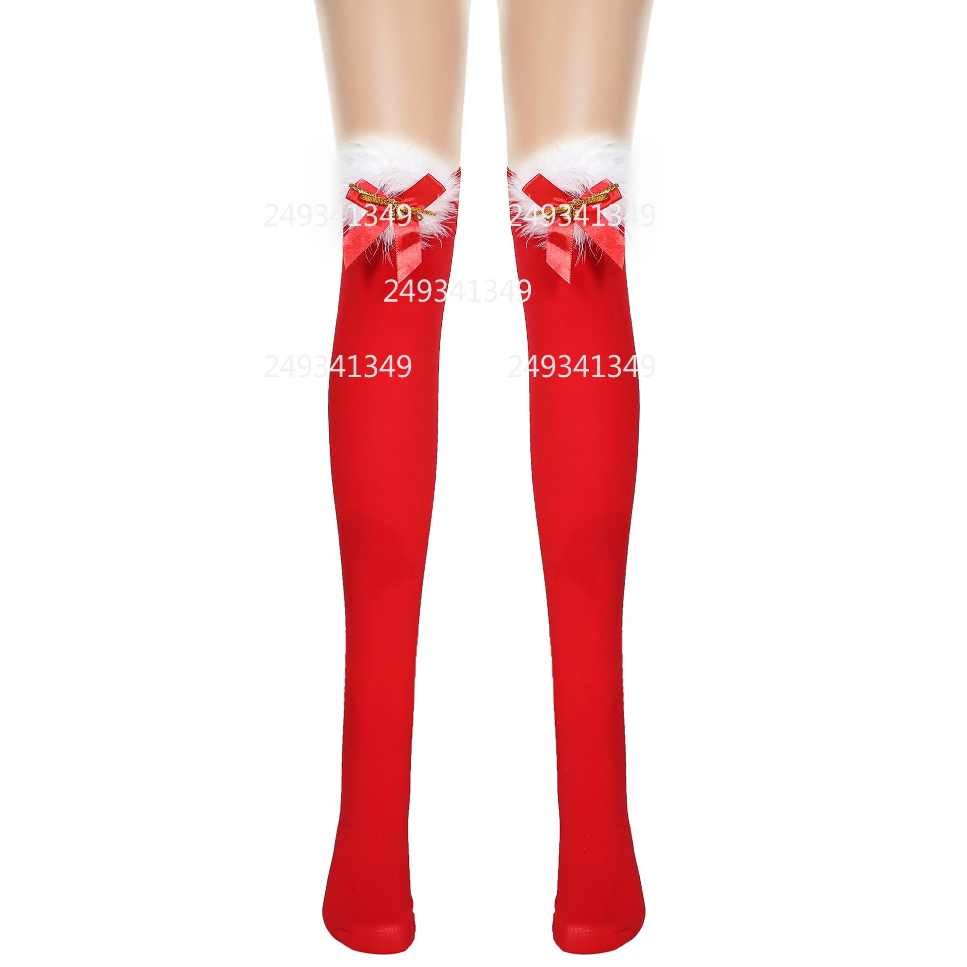 ถุงน่องคอสเพลย์สีแดงลายโบว์หวานสำหรับผู้หญิง ถุงน่องตกแต่งขนปุยสำหรับคริสต์มาส ถุงน่องตาข่ายยาวสำหรับงานปาร์ตี้คริสต์มาส อุปกรณ์เสริมสำหรับชุดแฟนซี