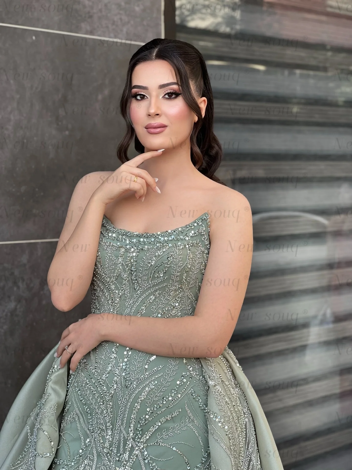 

Arabic Sage Green Two Pieces Strapless Prom Dresses Sparkle Beaded Sequins Formal Wedding Engagement Evening Gowns Customized