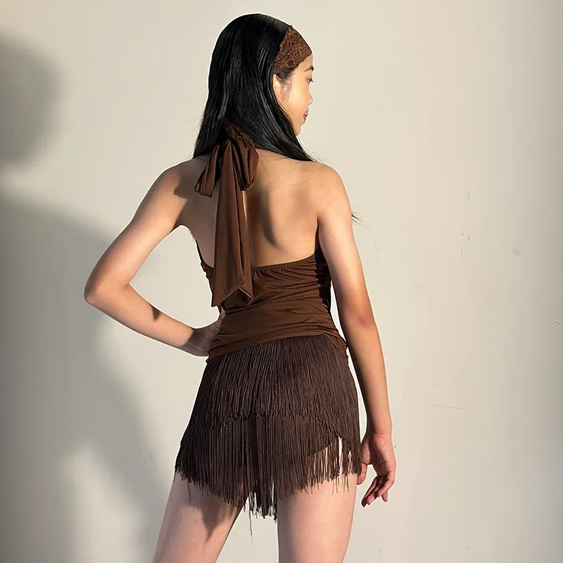 2026 New Sexy Latin Dance Dress Brown Fringe Sleeveless Practice Dress Adult Women Cha Cha Rumba Samba Dance Costume