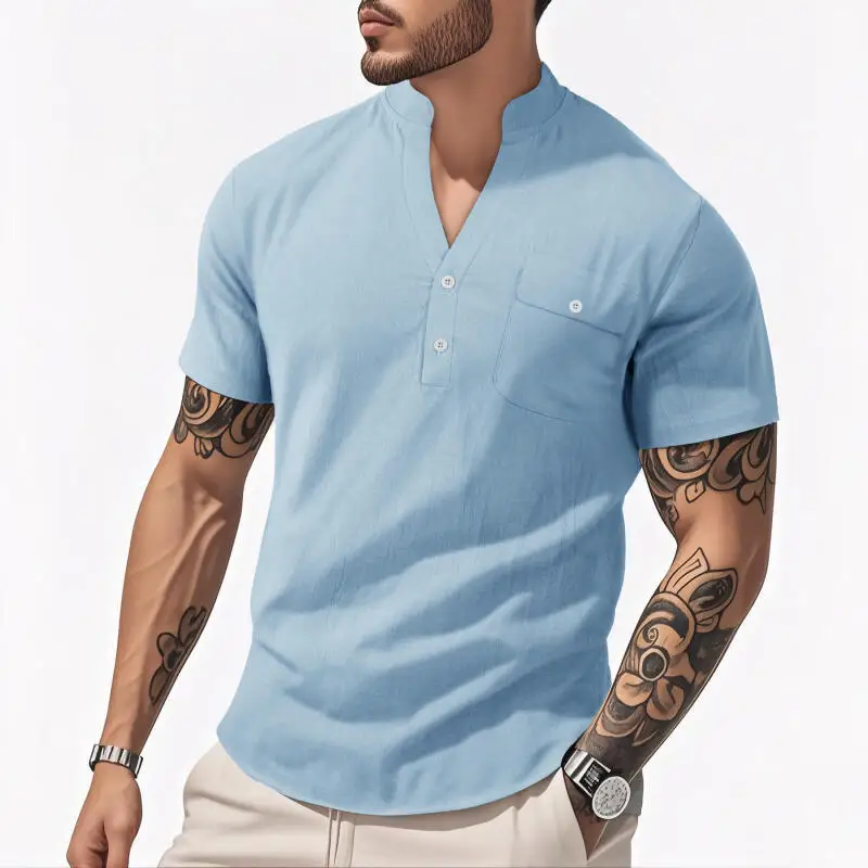 

Men's Stand Collar Pullover Casual Shirts Summer Linen Solid Loose Breathable Short Sleeve Shirt Male Fashion Beach Blouse Tops