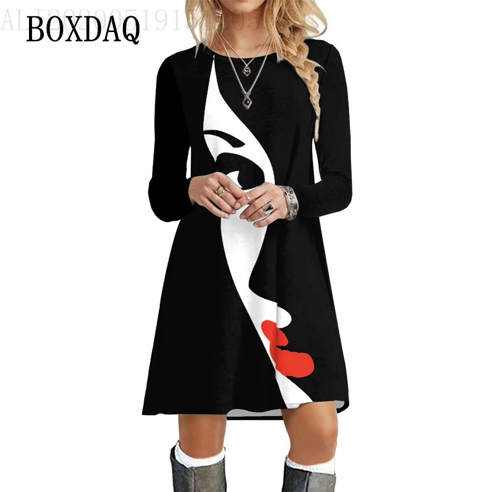 Painting Face Women's Dress Elegant Fashion Street Style Loose Dress Autumn Winter Long Sleeve Casual Mini Dress Female Oversize