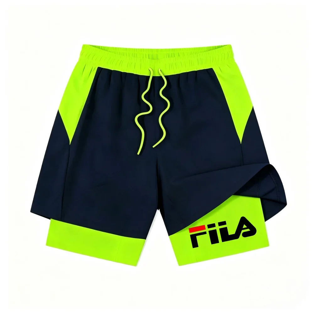 Men's double-layer anti-glare drawstring running fitness training five-pocket pants with high elasticity lining, beach shorts
