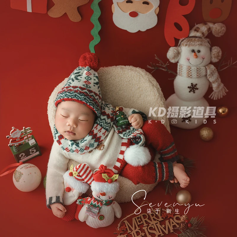 Fair Isle Style Baby Costumes+Christmas Hat+Scarf Knit Santa Claus Newborn Photography Outfit&Scene Props with Santa SnowmanDoll