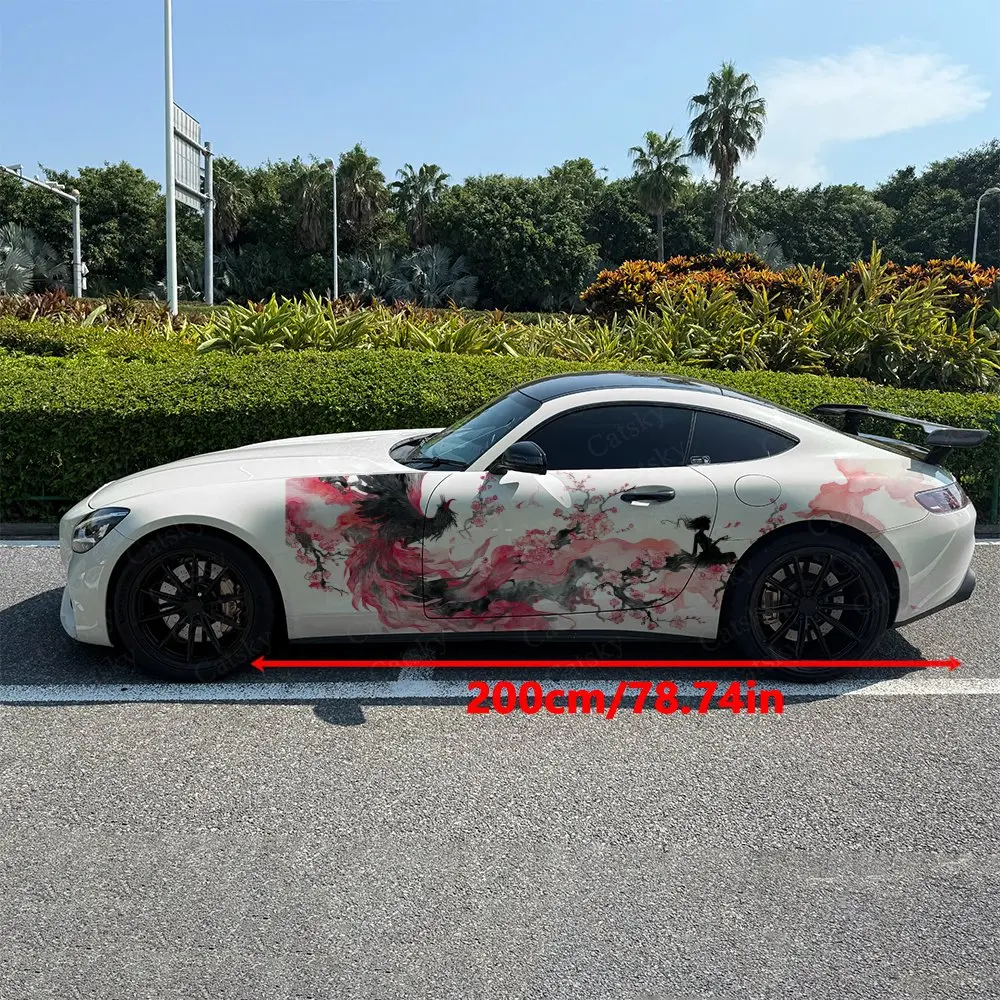 2pcs Flower Branch Divine Phoenix Car Side Wraps, Self-Adhesive PVC Waterproof & Scratch-Resistant Stickers, Car Accessory Gift