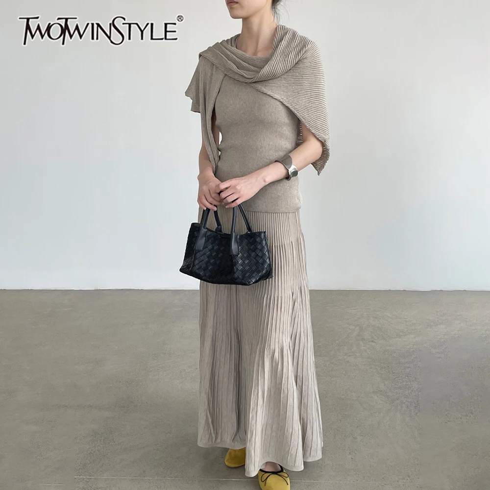 TWOTWINSTYLE Shawl Spliced Fold Slimming Two Piece Set for Women V Neck Short Sleeve Top High Waist Maxi Skirt Sets Female Style