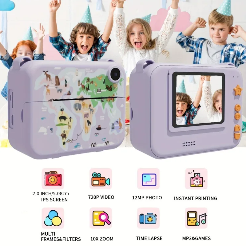 Kids Camera Instant Print, Portable Travel Digital Camera Toys for boys and grils with 720P Video, with 3 Rolls Printing Paper