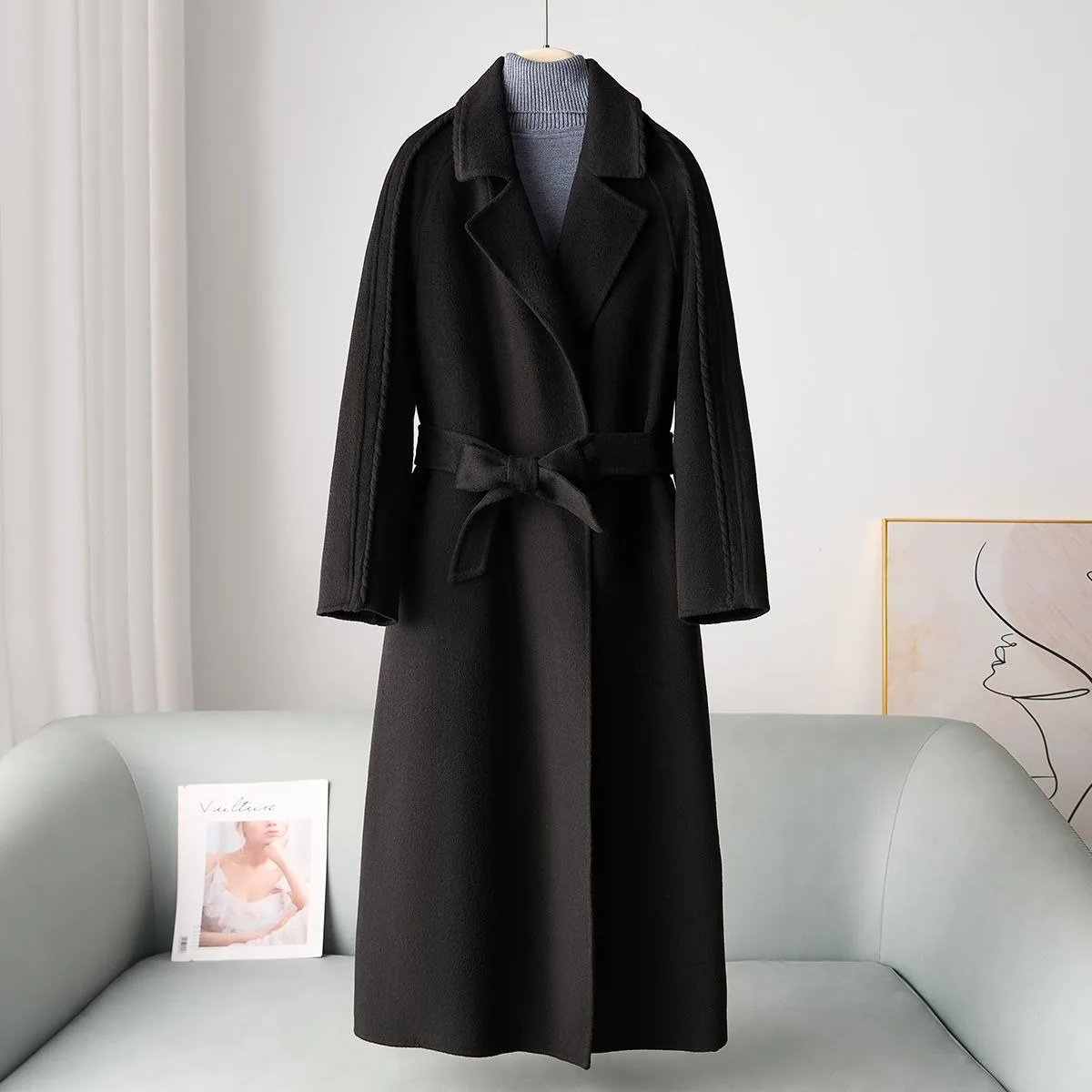 معطف صوفي طويل من الكشمير بنسبة 10.8% للنساء لخريف وشتاء 2025 سترة جديدة من النايلون على الوجهين #5