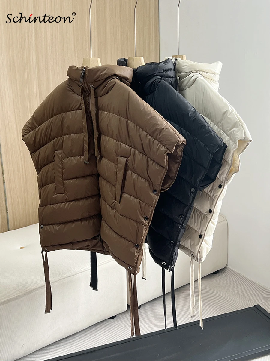 Schinteon Women 90% White Duck Down Irregular Vest with Hood Sleeveless Jacket Solid Fashionable Autumn Winter Top 2025 New