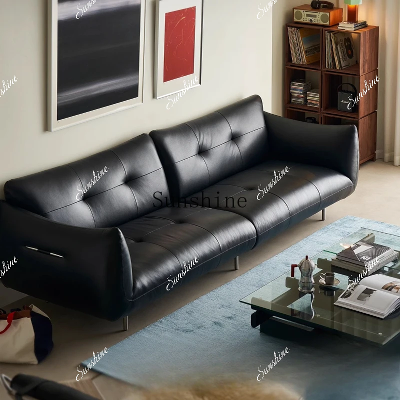 Full leather black French retro straight row three-person high backrest  FT