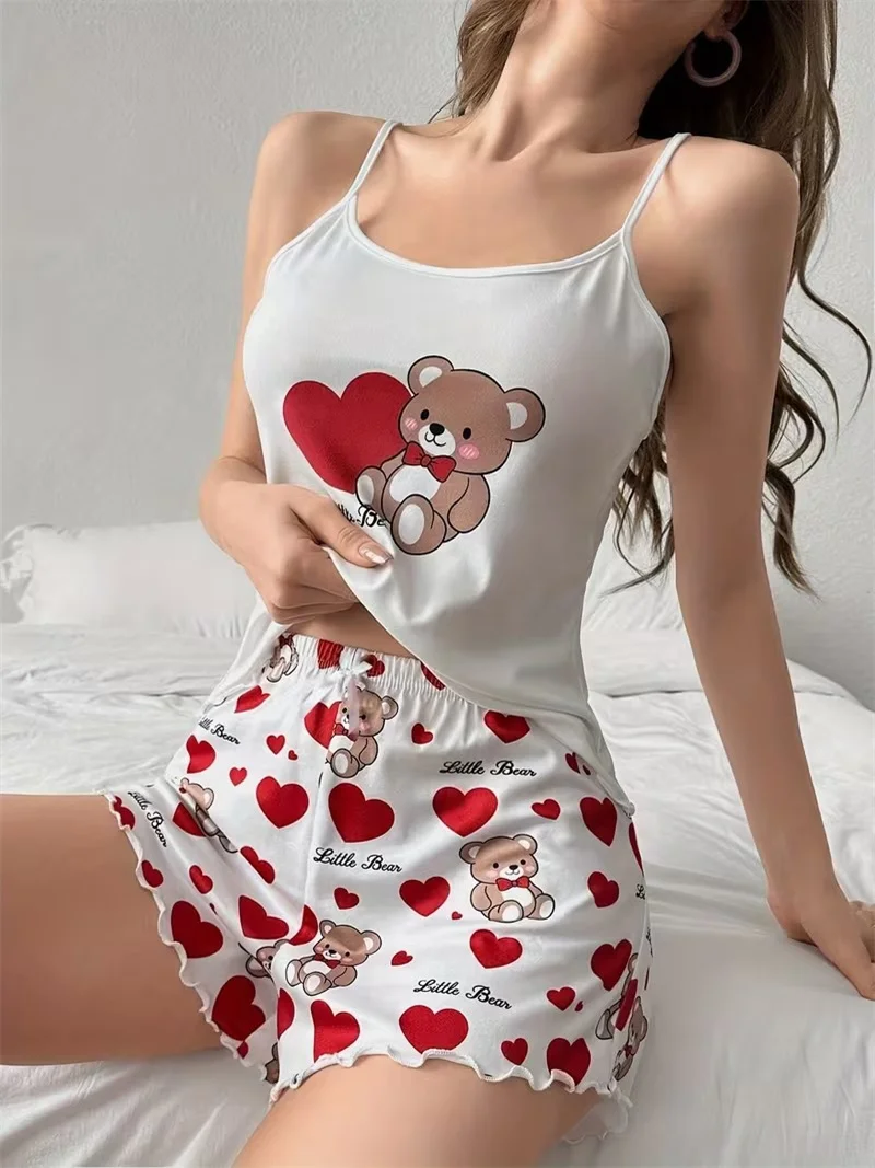 

S M L XL Cute Bear Love Peach Heart Printed Pajamas Set for Women's Loungewear Tops With Shorts Sleepwear Home Wear Clothes