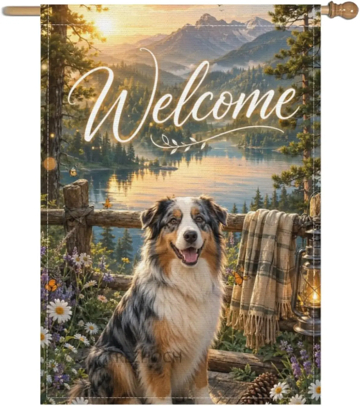 Welcome Spring Summer Fun Australian Shepherd Dog Garden Flag 28x40Inch,Mountain Lake Cabin Outdoor Yard Decor,Cute Animal R yyi