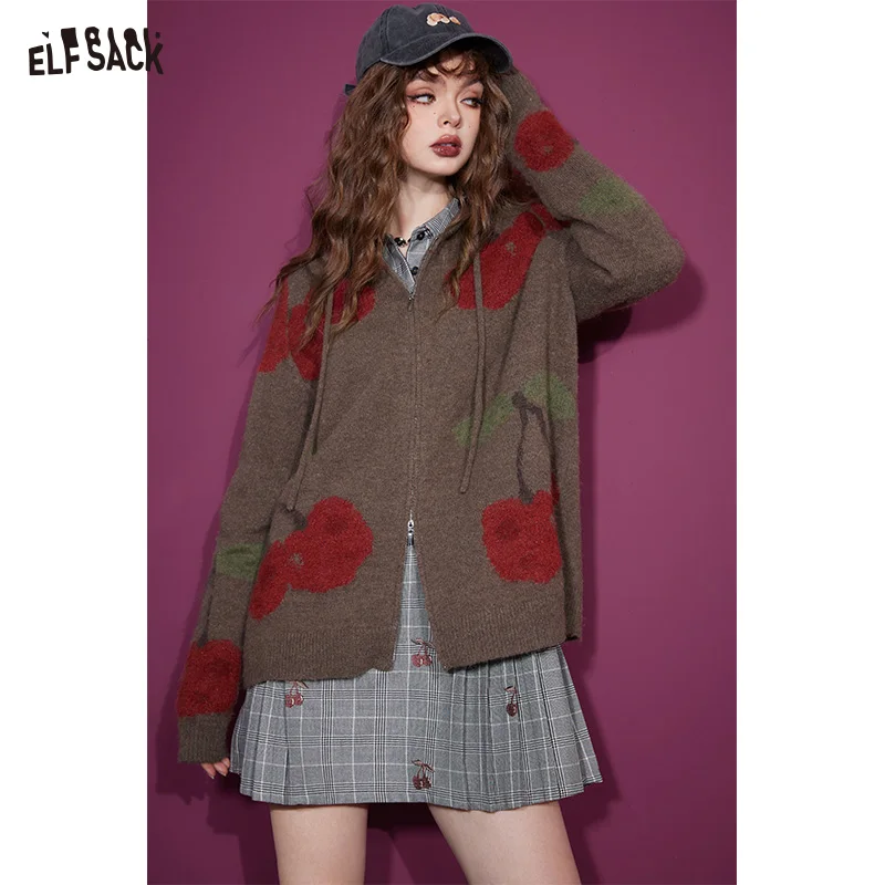 ELFSACK Christmas Cherry Hoodie Cardigan For Women 2023 Winter New KoreanFashion Tops