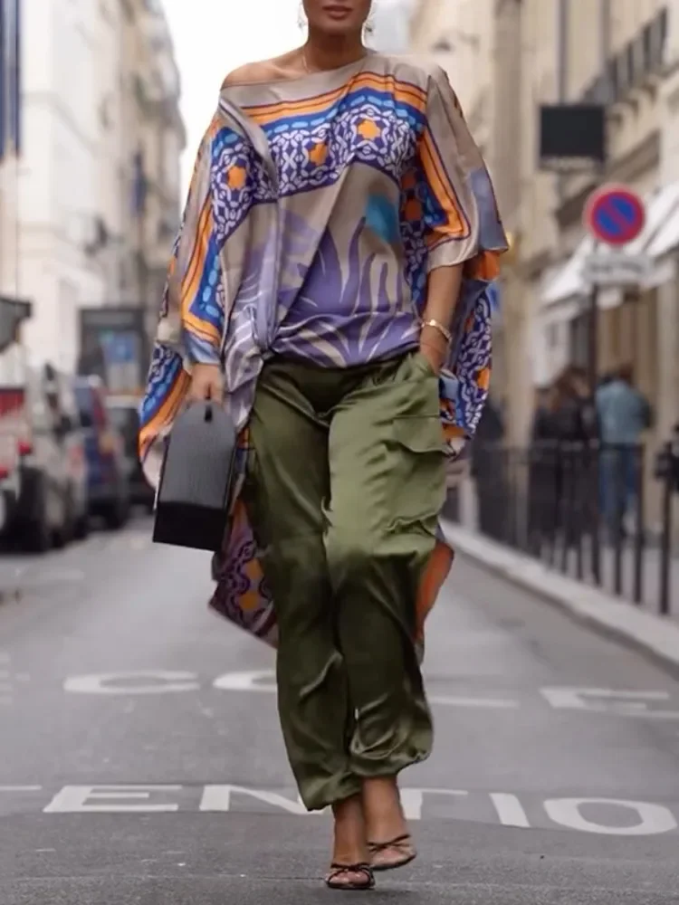 

Onecozyday 2025 Fashion Printed Casual Shirts One-shoulder Batwing Sleeves Irregular Tops Summer Loose Fit Streetwear T-shirt
