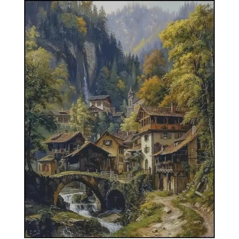 

ZZ7898 Mountain Stream Town 14CT 16CT 18CT Stamped Canvas Cross Stitch DIY Set Needlework Embroidery