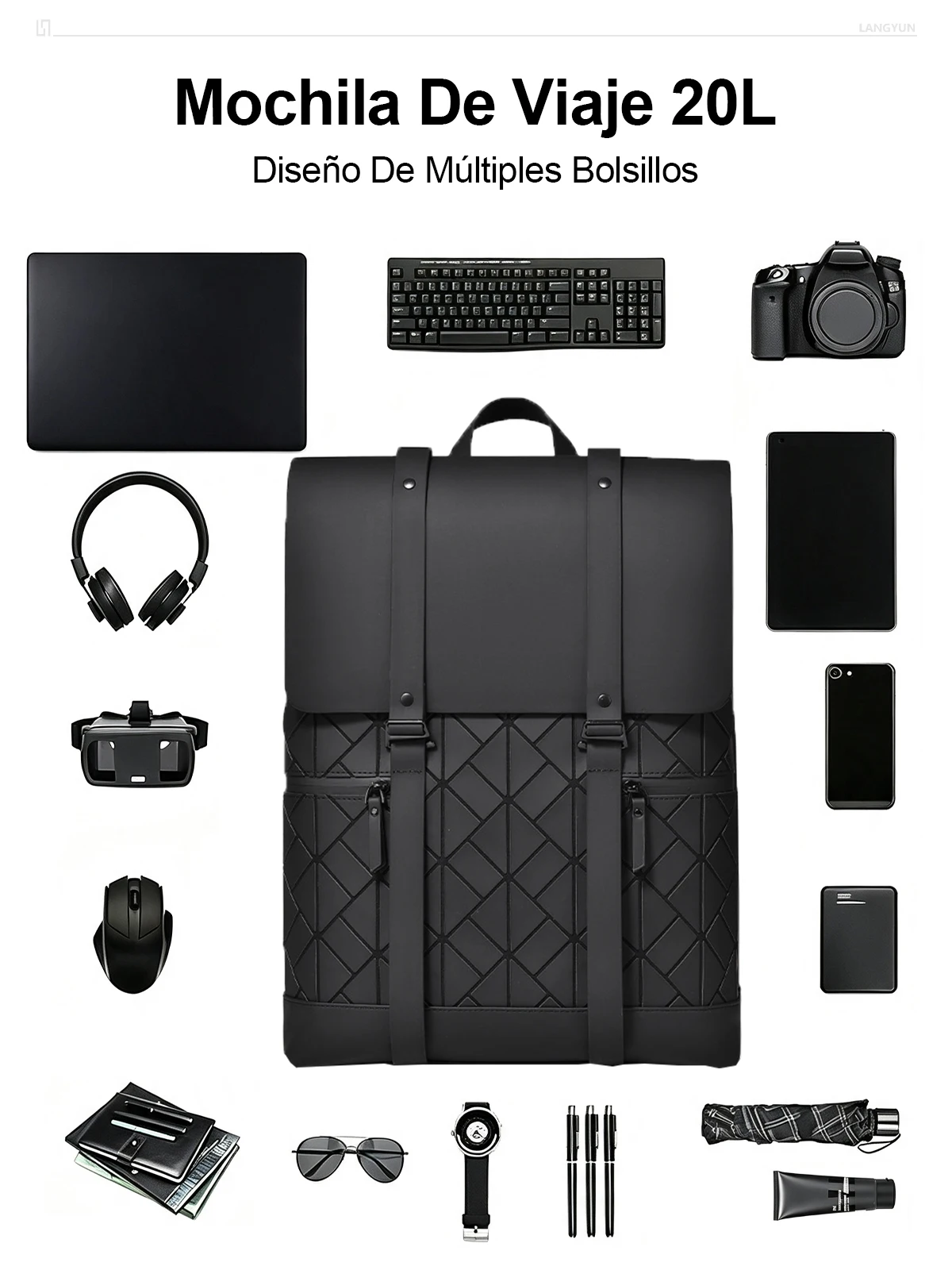 LANGYUN Mochila de Hombre de Cuero PU Impermeable de Alta Calidad, Bolsos para Portátil de 15.6 Pulgadas, Gran Capacidad, Multifuncional