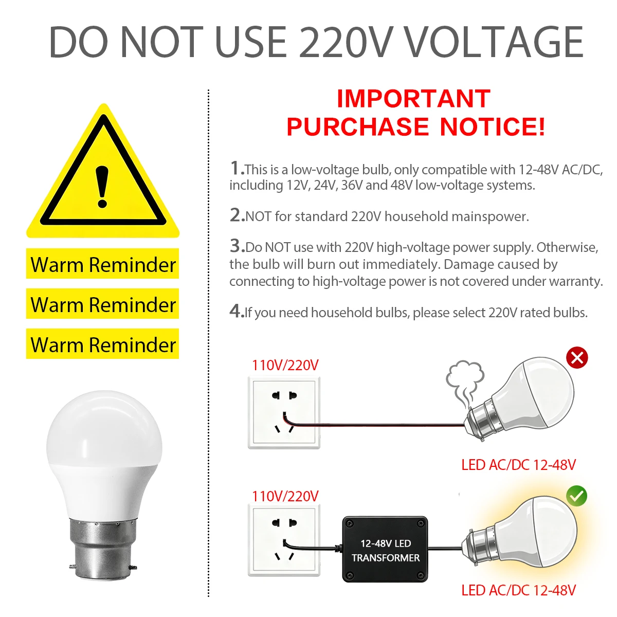 B22 LED Bulb AC DC 12V 24V 48V Low Voltage 3W 10W 3000K‑6000K Warm Cold Lighting For RV Boat Yacht Solar System Cabin Lamp