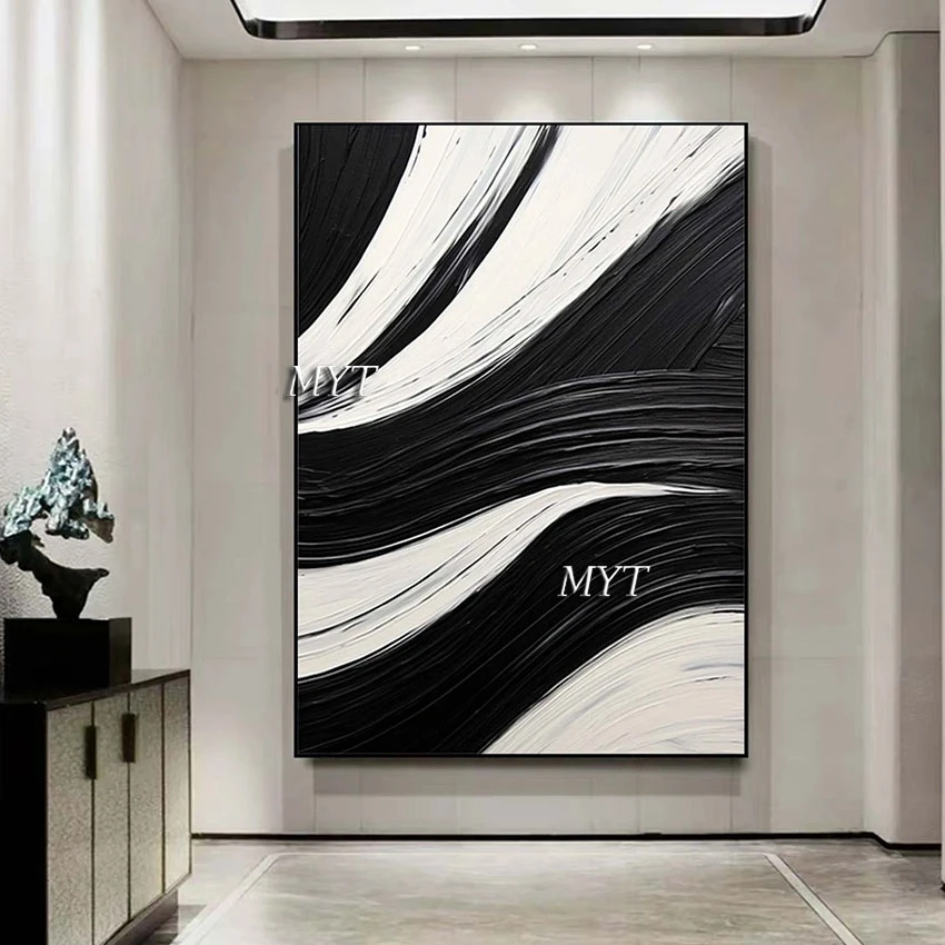 

Modern Abstract Oil Painting Black White Simple And Thick Texture Canvas Art Acrylic Wall Picture For Restaurant Decoration Home