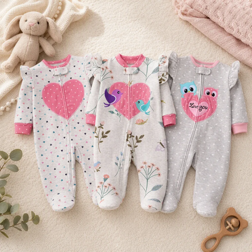 Grey Cotton Baby Footed Romper with Ruffle Sleeve All-over Print&Heart Embroidery Zipper Onesie for Newborn Girls All Season