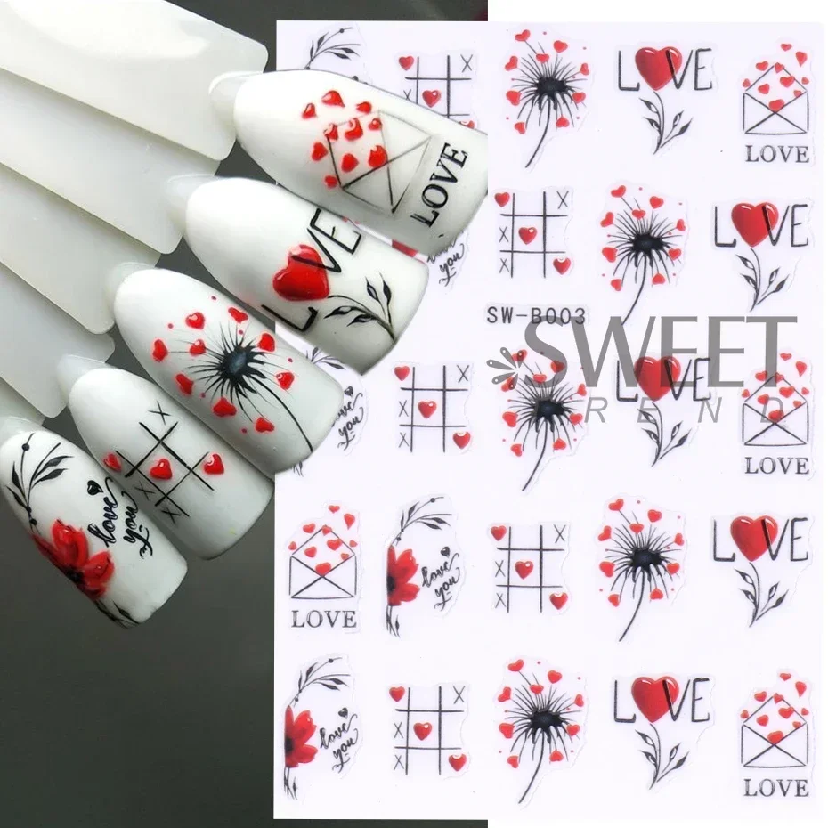 Red Wing Heart Nail Stickers 3D Glitter Stars Moon Lines Foil Metallic Manicure Valentines Decal Slider Manicure Decoration Tips