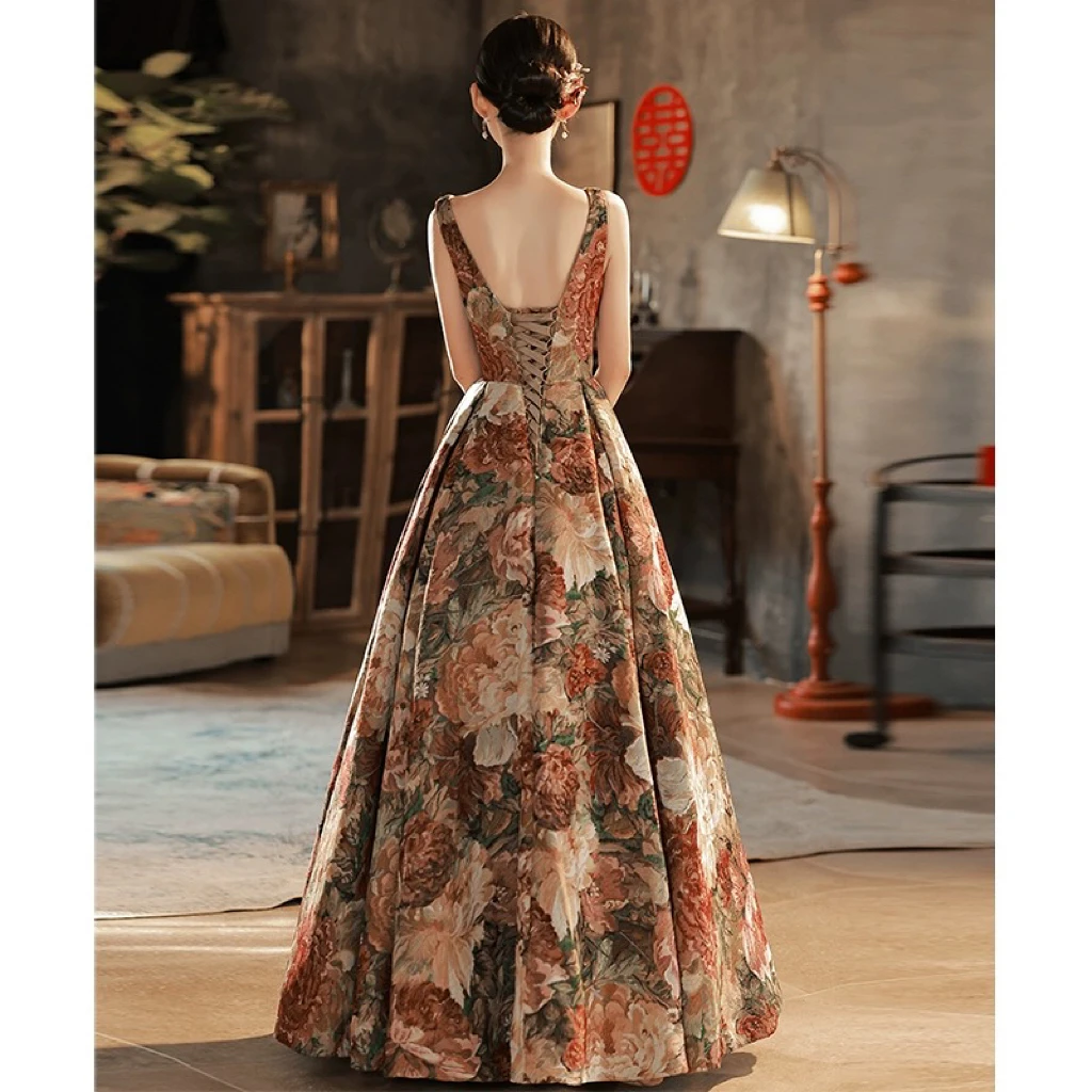 Jacquard V-neck Celebrity Dress Sleeveless Lace-up A-line Floor Length Vintage Flower Formal Occasion Evening Party Gowns 2024