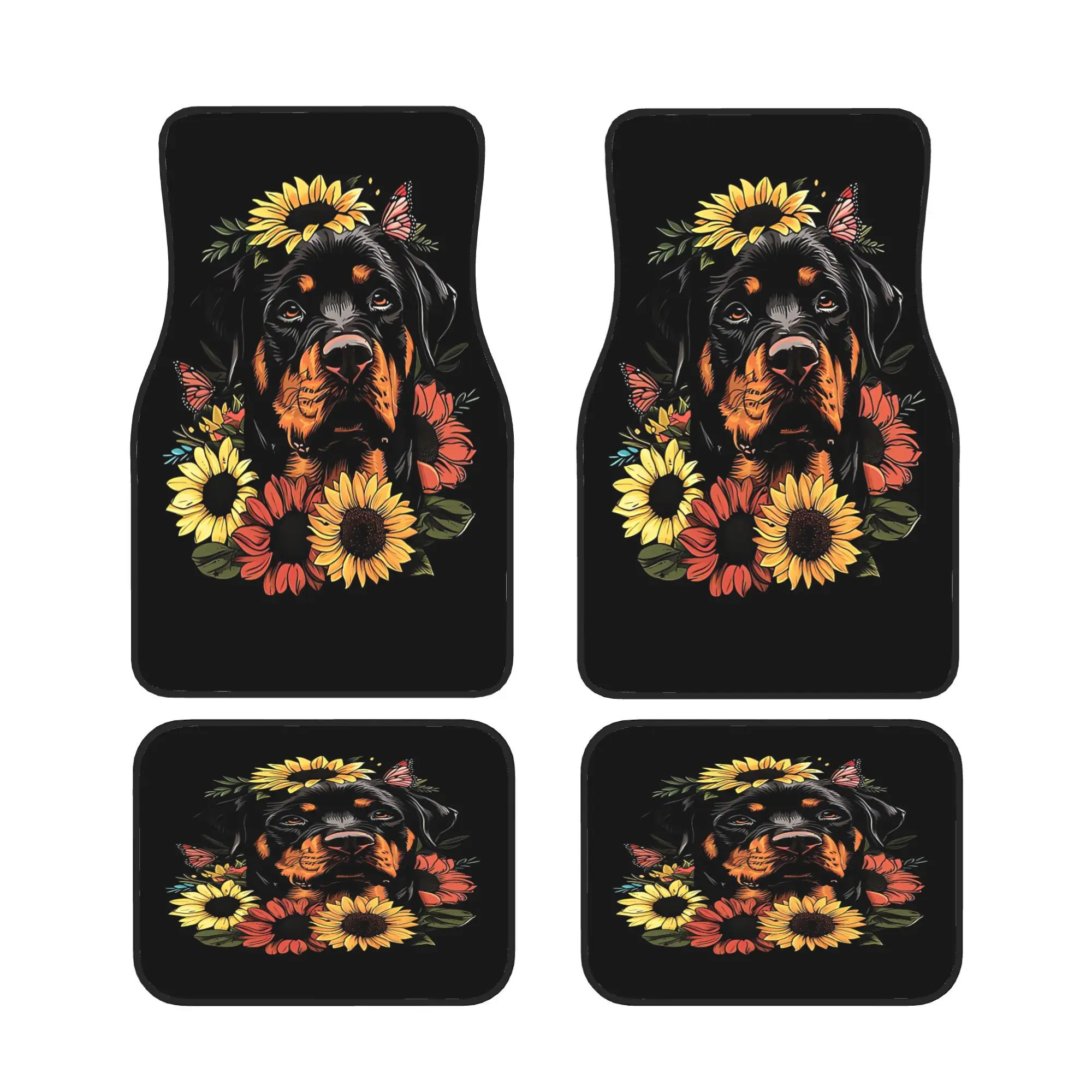 A Set Of Four Colorful Floral-Themed Car Floor Mats Featuring A Humorous Rottweiler, Designed To Provide Complete Coverage For B