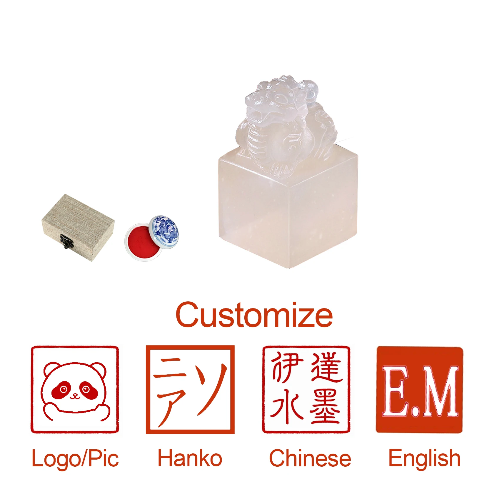 Custom Name Stamp With Storage Bag Inkpad Chinese Style Brave Troops Kirin Name Seals White Color Natural Stone Personal Seal