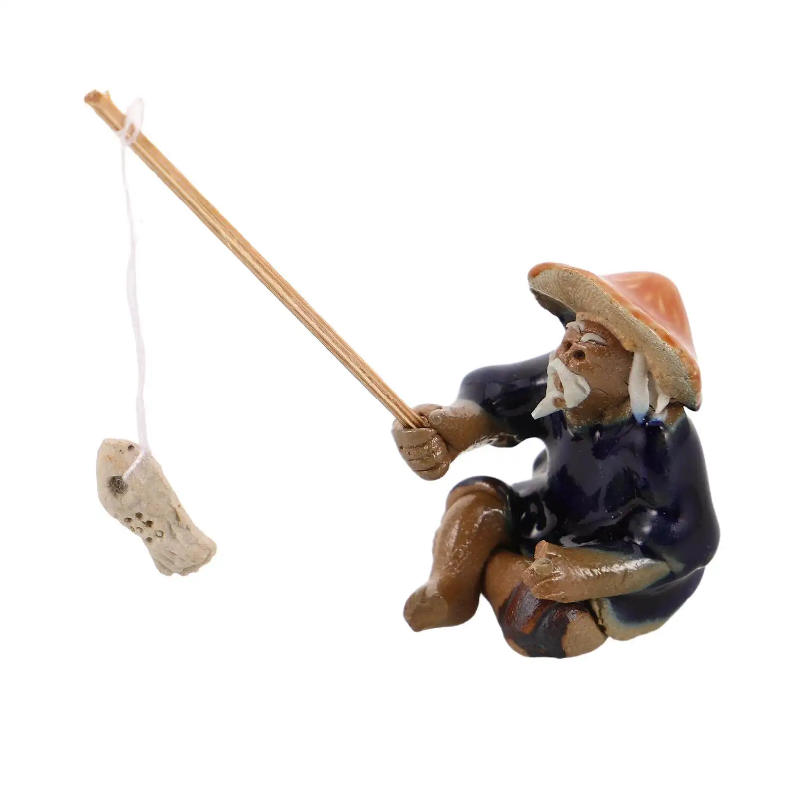 Ceramic Bonsai Fisherman Statue Mini Sitting Fishing Sculpture Asian Inspired Micro Landscape Ornament Garden Fish Tank