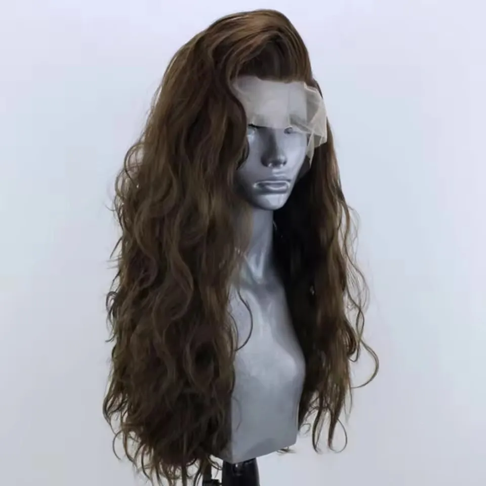 الاصطناعية الدانتيل الجبهة الباروكات بارد براون شعر مستعار مجعد للنساء شعر مستعار بني طويل فضفاض مجعد الدانتيل الباروكة الاستخدام اليومي شعر مستعار موجة طبيعية تأثيري #4