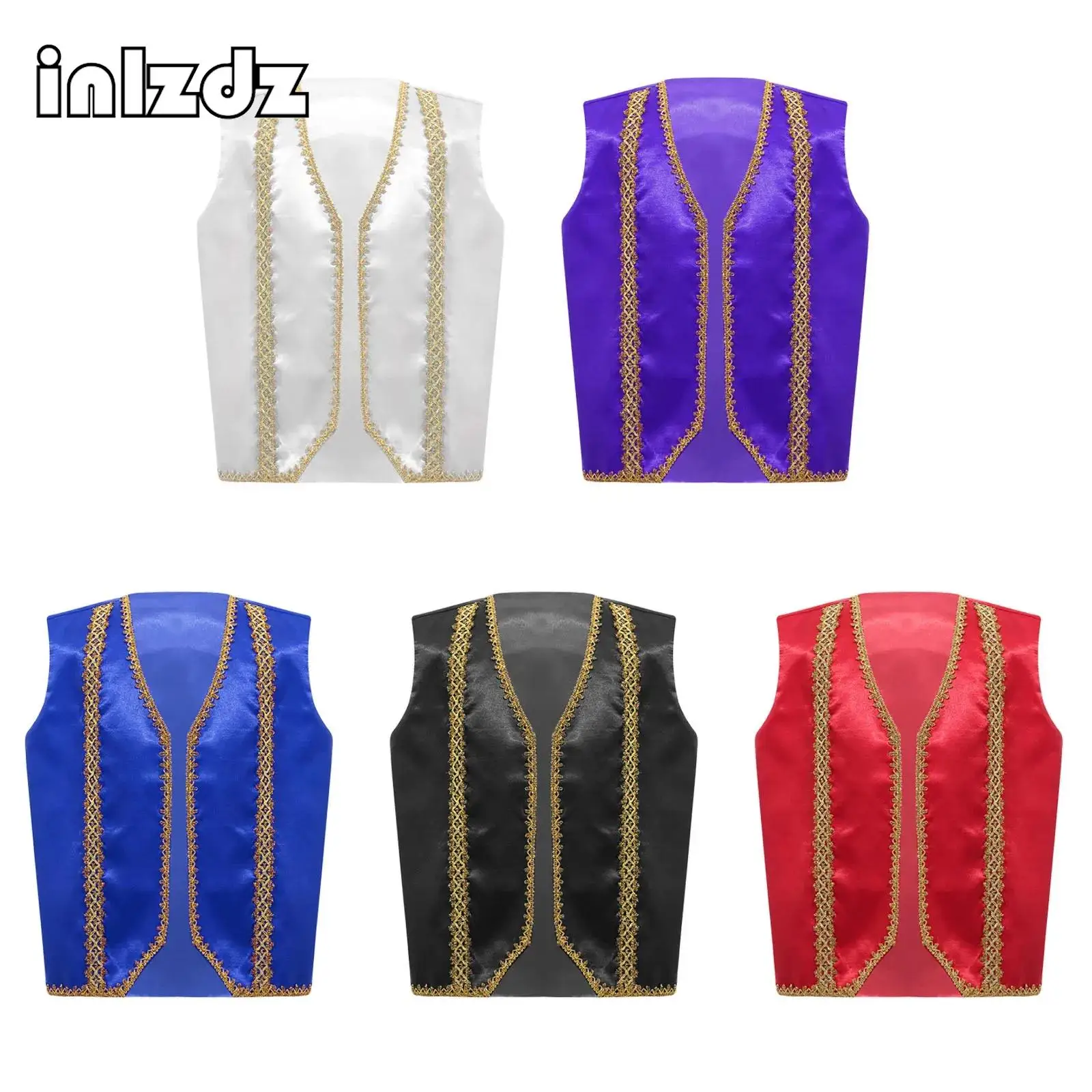 Kids Boy Arabian Prince Stain Vest Shiny Gold Trim Open Front Waistcoat Halloween Fairytale Drama Arabian Prince Cosplay Costume