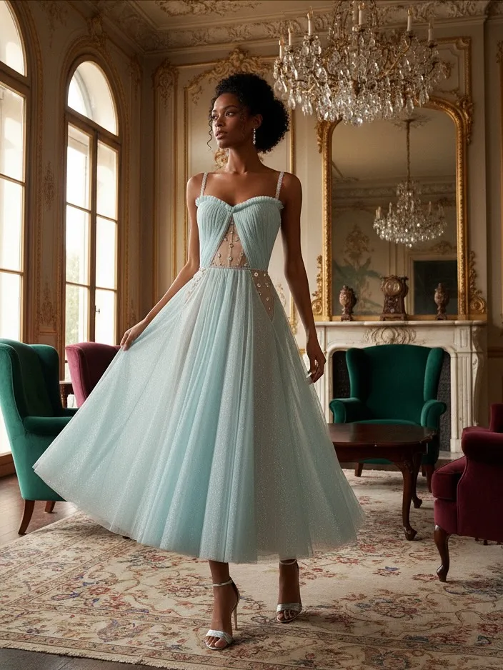 Zomer nieuwe elegante mesh a-lijn midi-jurk met uitgesneden taille glitter kralen gelaagde tule galajurk schattige avondjurken