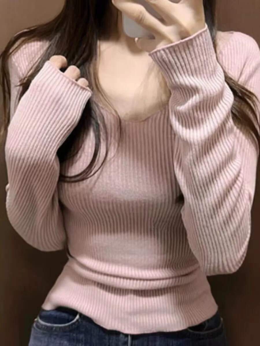 2025 한국어 버전 셔링 솔리드 숄더 오프 캐주얼 봄 여름 여성 티셔츠 슬림 탑 여성 v 넥 스트라이프 클래식 심플