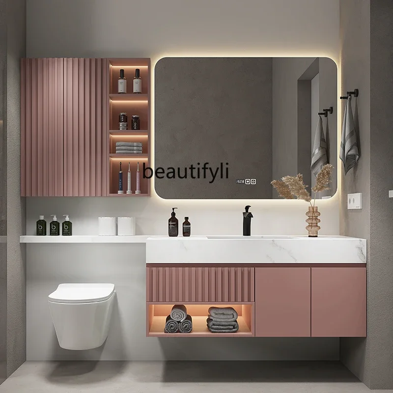 Light Luxury Bathroom Cabinet Combination Extended Stone Plate Bathroom Cabinet Bathroom Wash Basin Integrated Mirror