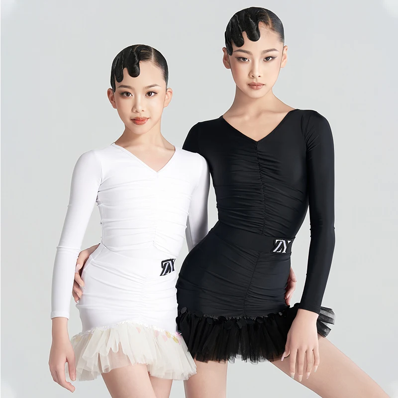 黒ラテンダンス衣装女の子パフォーマンスステージウェアフリルダンスパフォーマンススーツチャチャルンバトレーニング衣装ホワイト VDL4764