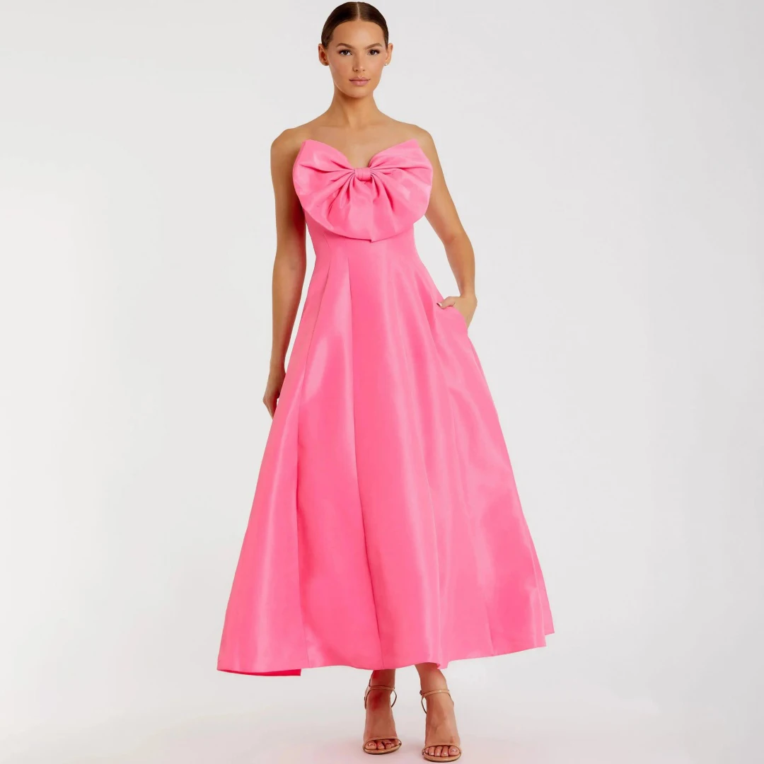 

Satin Simple Bow Strapless A-line Evening Dresses With Pockets Elegant Backless Maxi Ball Gown Solid Festival Wedding Prom Dress