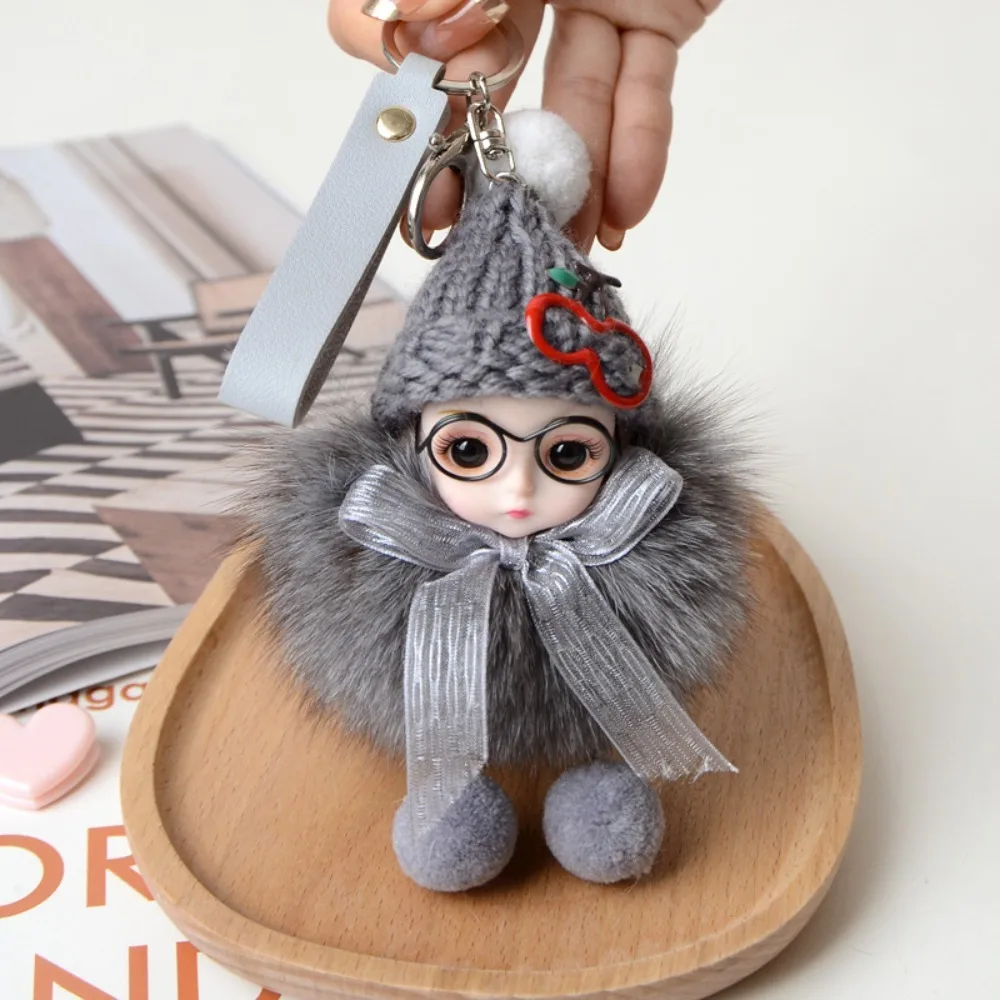 Eye Glass Doll Cute Pompom Keychain Real Fur Ball Car Key Ring Pompom Doll Keyring Cherry Plush Baby Doll Ball Key Chain