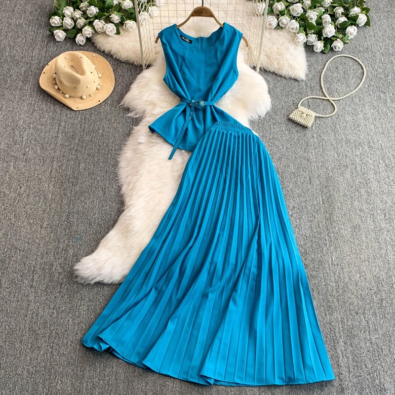 

Women's Summer New Fashion Sleeveless Vest Top High Waist Slim Pleated Skirt Two Piece Set