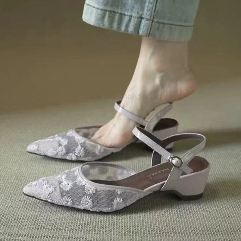 Embroidery Sandals Women Pointed Toe High Heels Shoes Mesh Slippers Designer Brand Dress Shoes Chunky Pumps Trend Mujer Slides