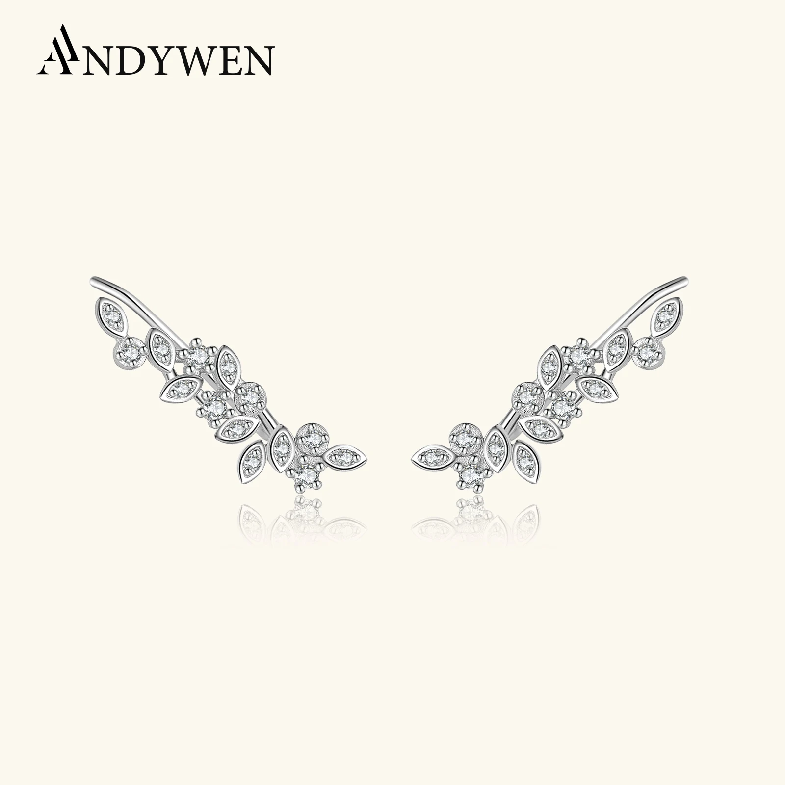 

ANDYWEN 925 Sterling Silver Leaf Earrings with Round/Marquise CZ Zircon Climber Stud Earrings 2025 Fine Design for Events Gift