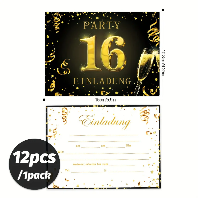 12 قطعة. دعوات عيد ميلاد ذهبية سوداء لـ 16th/18th/20th/30th/40th/50th/60th/70th/80th/90th. أعياد الميلاد - النجم الأنيق #3