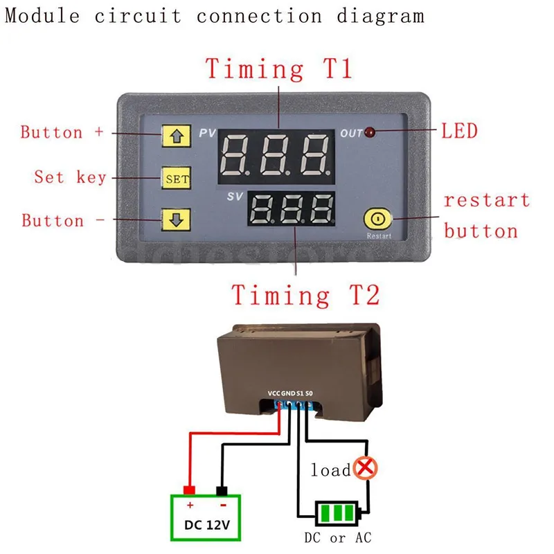 DC12V 20A  Digital Time Delay Relay Module Cycle delay Timer Red Blue Dual LED Display Timing Relay Switch for Auto Car