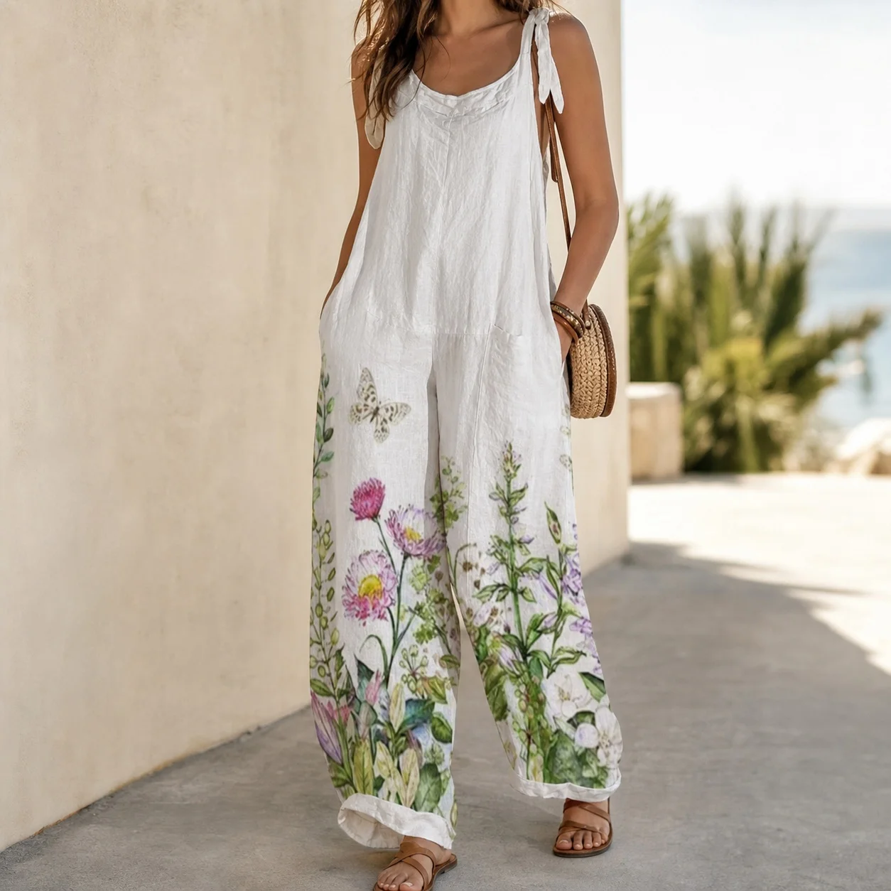 Women's And Overalls For Women Retro High Waist Printed Loose Fit Sleeveless Cotton Jumpsuit For Woman Digital Art Print Pants