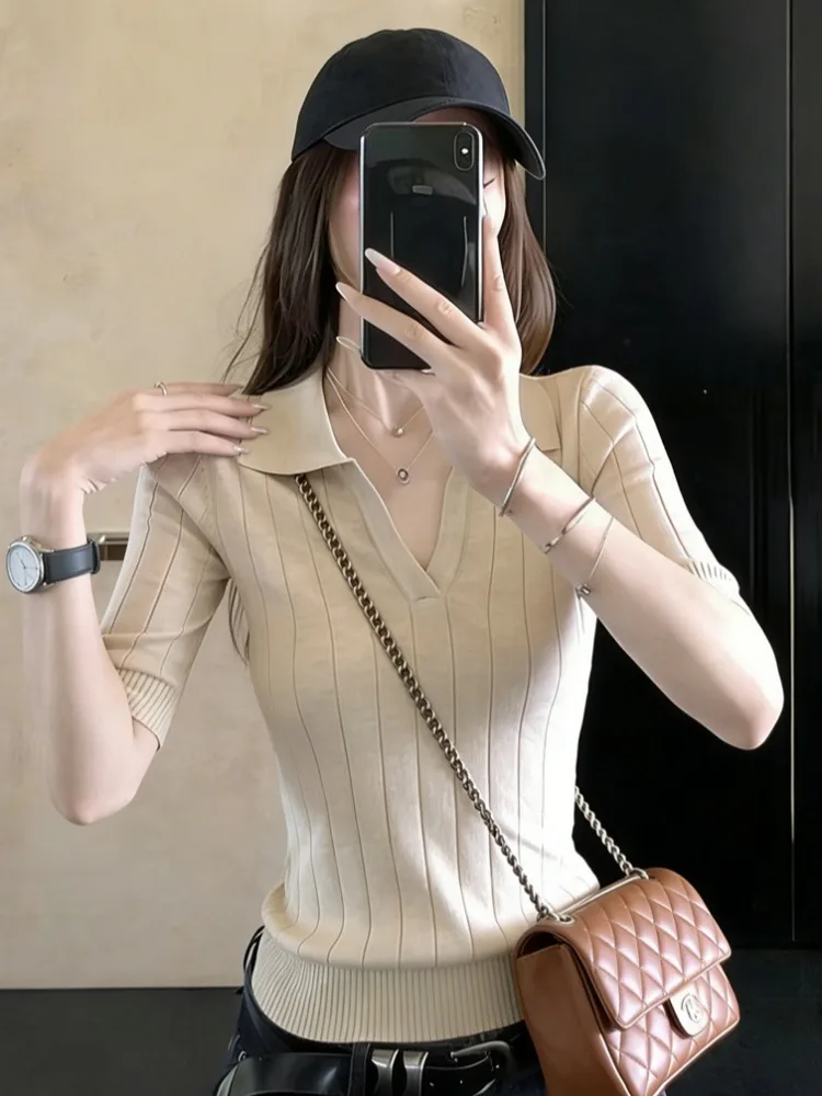 

Korean Style Short Sleeve Knitted Shirt Women's Spring Summer New Elegant Versatile Waist Slimming Short Length Top