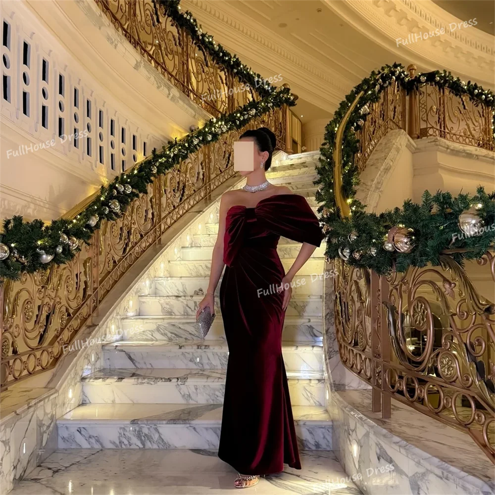 Custom Made Elegant Off Shoulder Pleated Sheath Sexy Bridal Evening Dress Backless Floor Length Saudi Dress with Bow سعيد