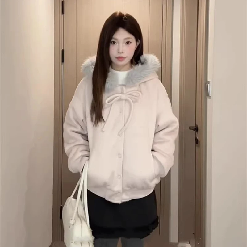 Pink Bow Hooded Jacket Women Long Sleeve Fur Collar Patchwork Korean Hoodies Loose Casual Button Sweet Female Streetwear Outwear