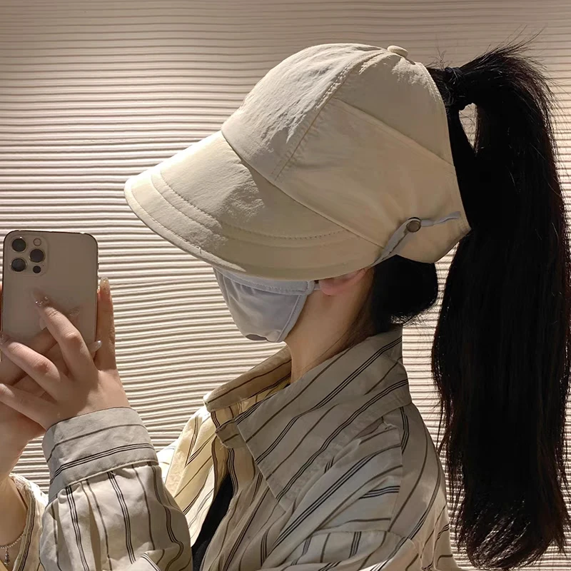 통기성 속건 자외선 차단 캡 접이식 챙 넓은 포니테일 햇 야외 해변 낚시꾼 모자 여성용 포니테일 캡