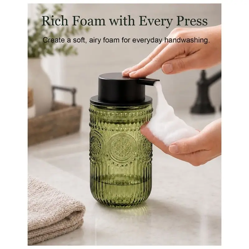 A96I-Green Glass Foaming Soap Dispenser 14 OZ Vintage Embossed Design, Refillable Hand Wash With Black Pump For Bathroom& Kitche