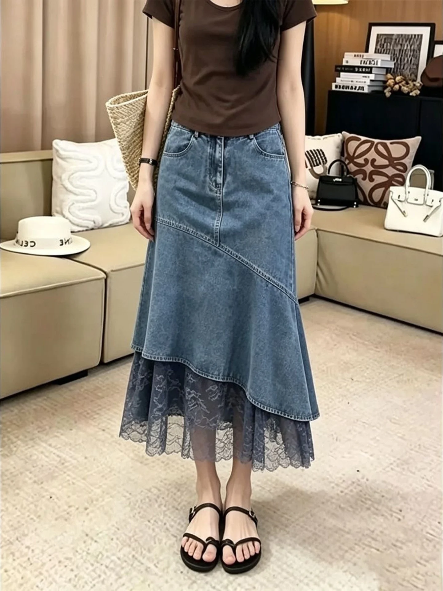 Lace Splicing Denim  Skirt Women's Autumn New Irregular Commute Fashion Match Design Long Skirt European Style Casual